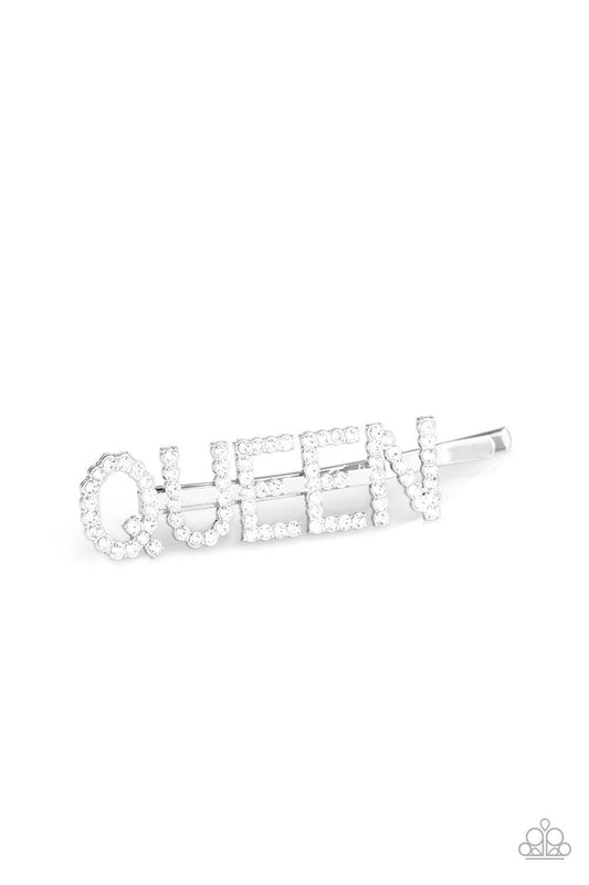 Paparazzi Accessories It’s A Hair Up Kinda Day - White White rhinestone encrusted letters spell out, "QUEEN," across the front of a classic bobby pin for a glamorous look. Sold as one individual decorative bobby pin. Hair Accessories