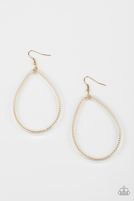 Paparazzi Accessories Just In Case You Missed It - Gold A dainty gold chain-like wire is threaded through the center of an invisible tube, creating an edgy teardrop. Earring attaches to a standard fishhook fitting. Sold as one pair of earrings. Jewelry