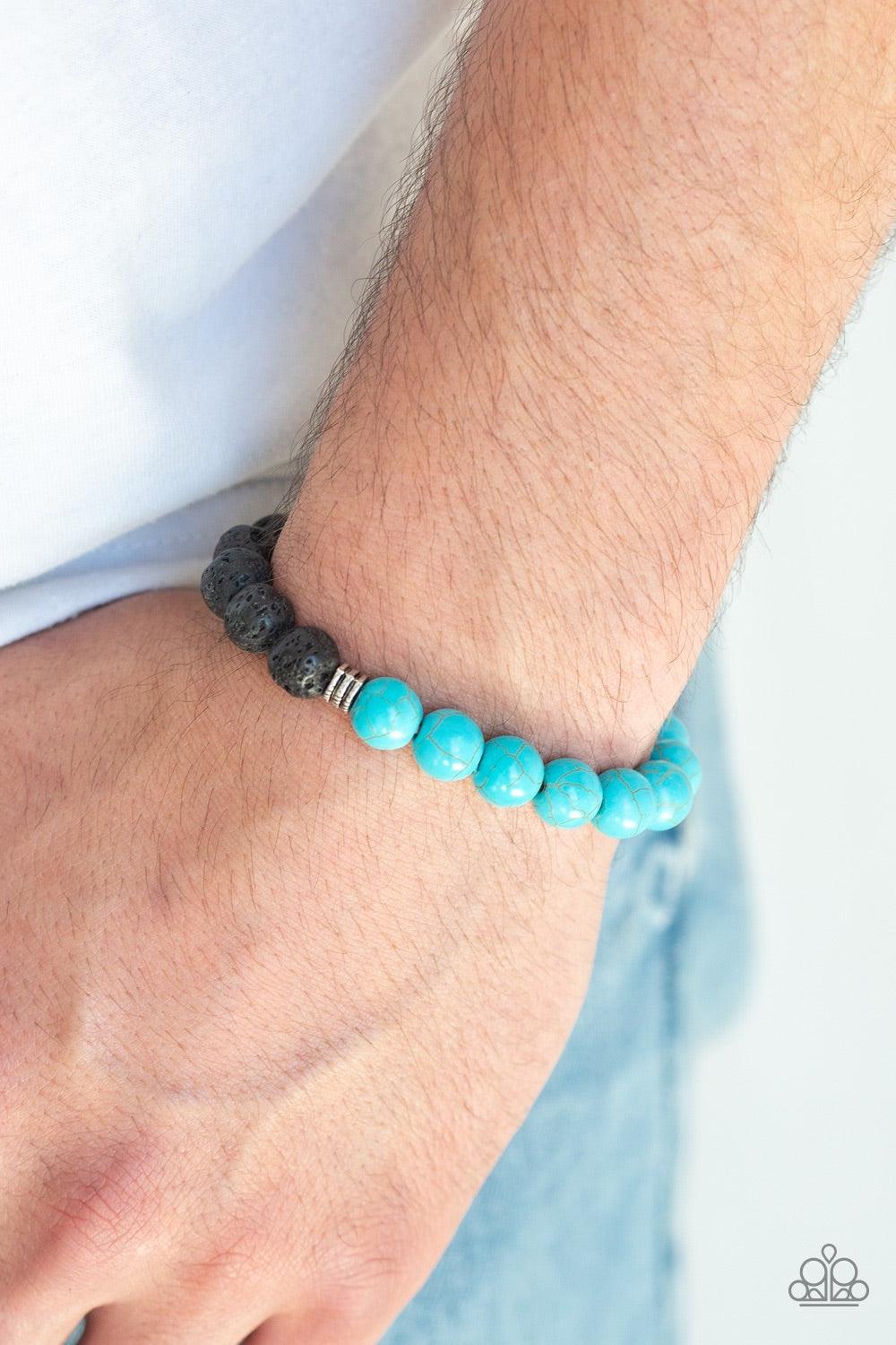 Paparazzi Accessories Destiny Blue - Blue A collection of dainty silver accents, black lava rock beads, and refreshing turquoise stones are threaded along a stretchy band around the wrist for a seasonal style. Jewelry