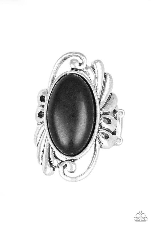 Paparazzi Accessories Sedona Sunset - Black Chiseled into a smooth oval, an earthy black stone is pressed into the center of a glistening silver frame radiating with filigree detail for a seasonal look. Features a stretchy band for a flexible fit. Sold as