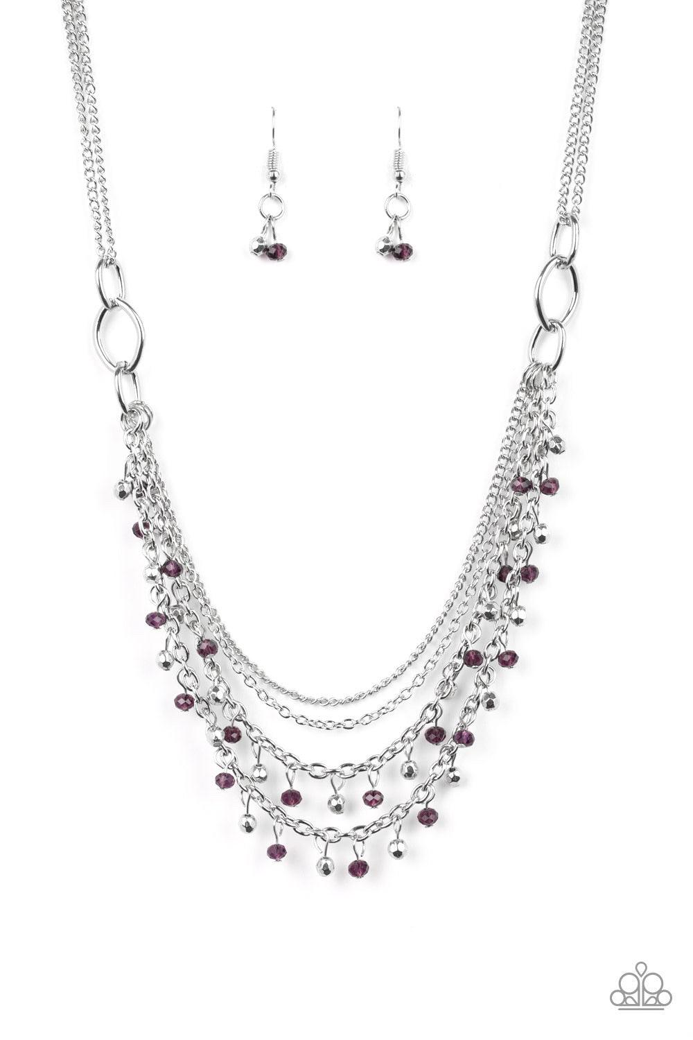 Paparazzi Accessories Financially Fabulous - Purple Dainty silver and purple crystal-like beads cascade from two shimmery silver chains. Infused with plain silver chains, the colorful strands layer below the collar for a flirtatious look. Features an adju