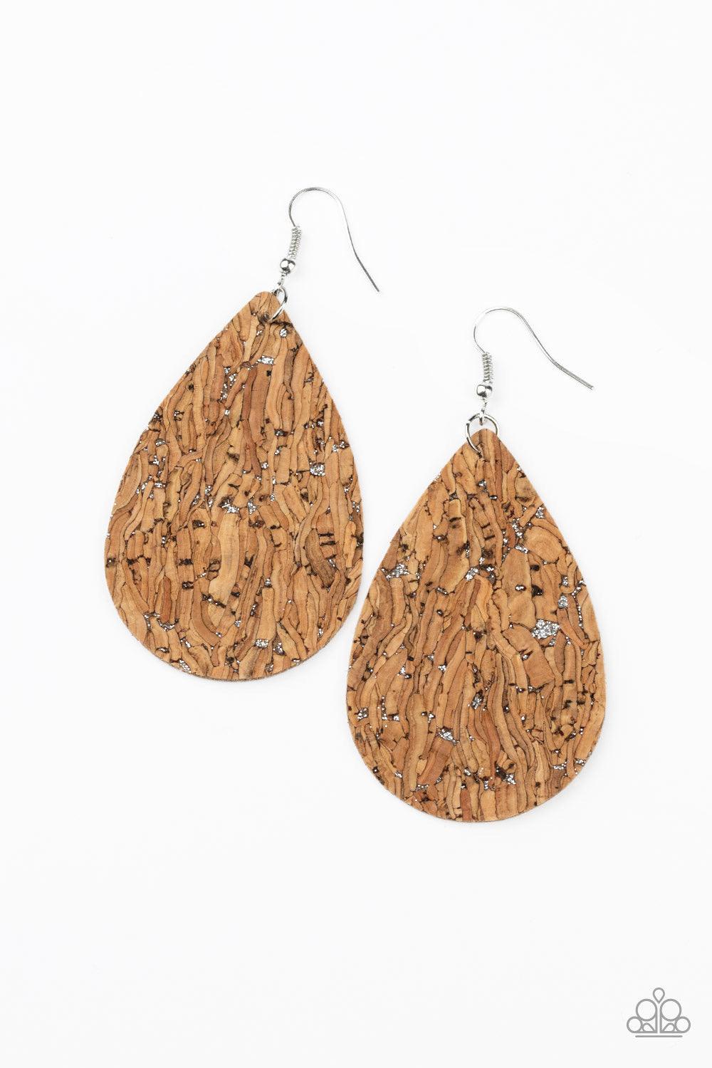 Paparazzi Accessories Cork It Over - Silver Flecked in silver, a cork-like teardrop frame swings from the ear for a seasonal look. Earring attaches to a standard fishhook fitting. Jewelry