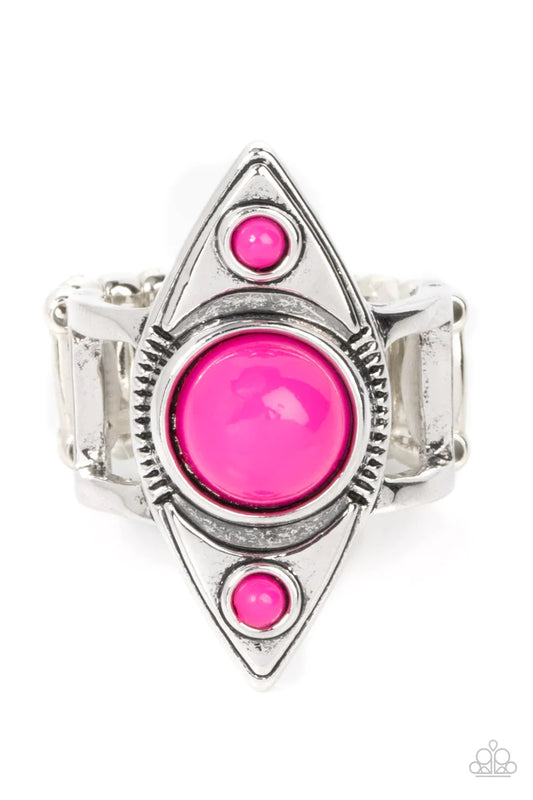 Paparazzi Accessories Pivoting Point - Pink Three bubbly Fuchsia Fedora beads stack across the front of a textured silver oblong frame, resulting in a playful pop of color atop layered silver bands. Features a stretchy band for a flexible fit. Sold as one
