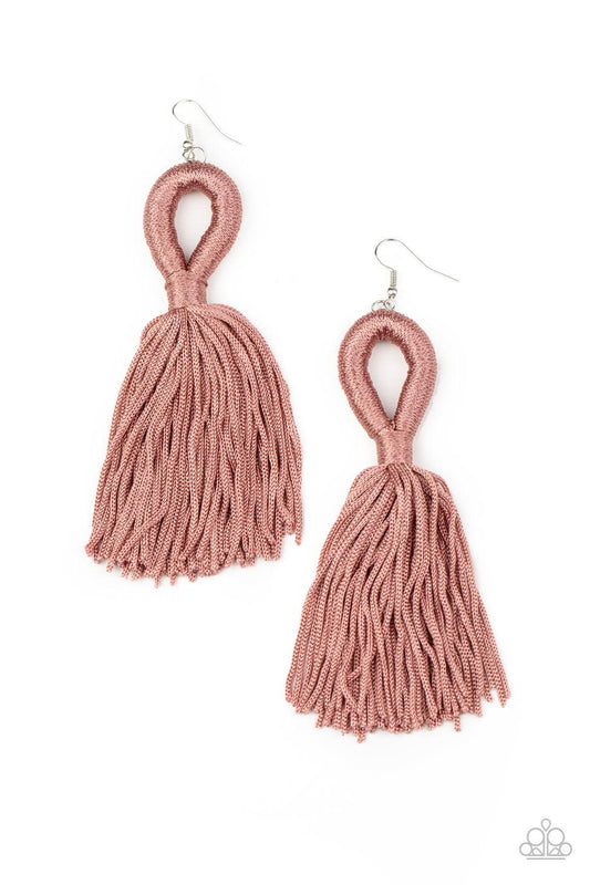 Paparazzi Accessories Tassels And Tiaras - Pink Shiny Rose Tan cording delicately loops and knots into an elegant tassel. Earring attaches to a standard fishhook fitting. Sold as one pair of earrings. Jewelry