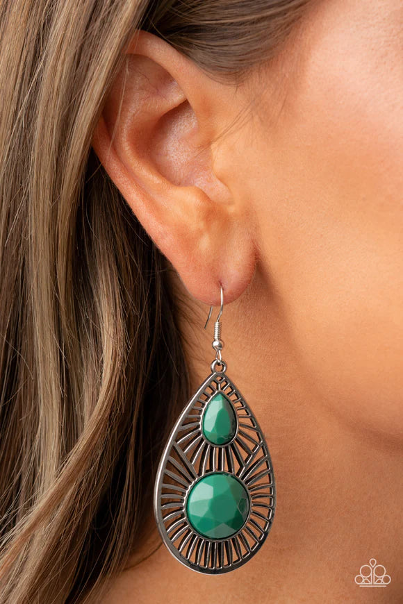 Paparazzi Accessories Prima Donna Diva - Green An oversized pair of faceted round and teardrop Leprechaun beads embellish the front of a shiny silver teardrop radiating with linear stenciled patterns, resulting in a refreshing lure. Earring attaches to a