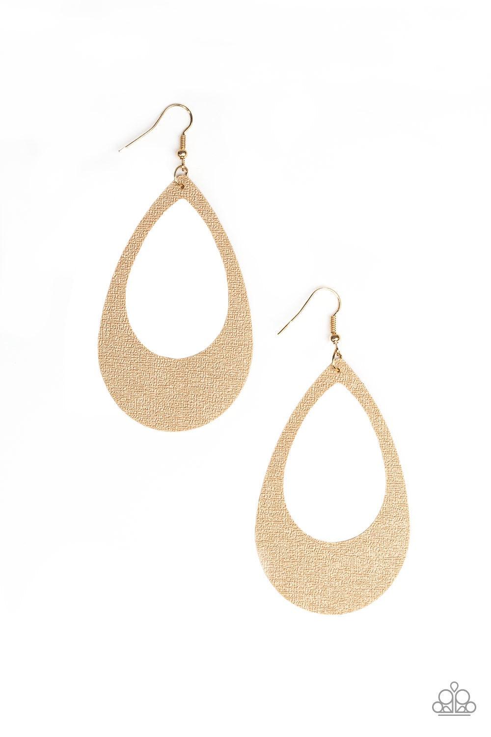 Paparazzi Accessories What A Natural - Gold Brushed in a golden finish, a textured leather teardrop frame swings from the ear for a trendy look. Earring attaches to a standard fishhook fitting. Jewelry