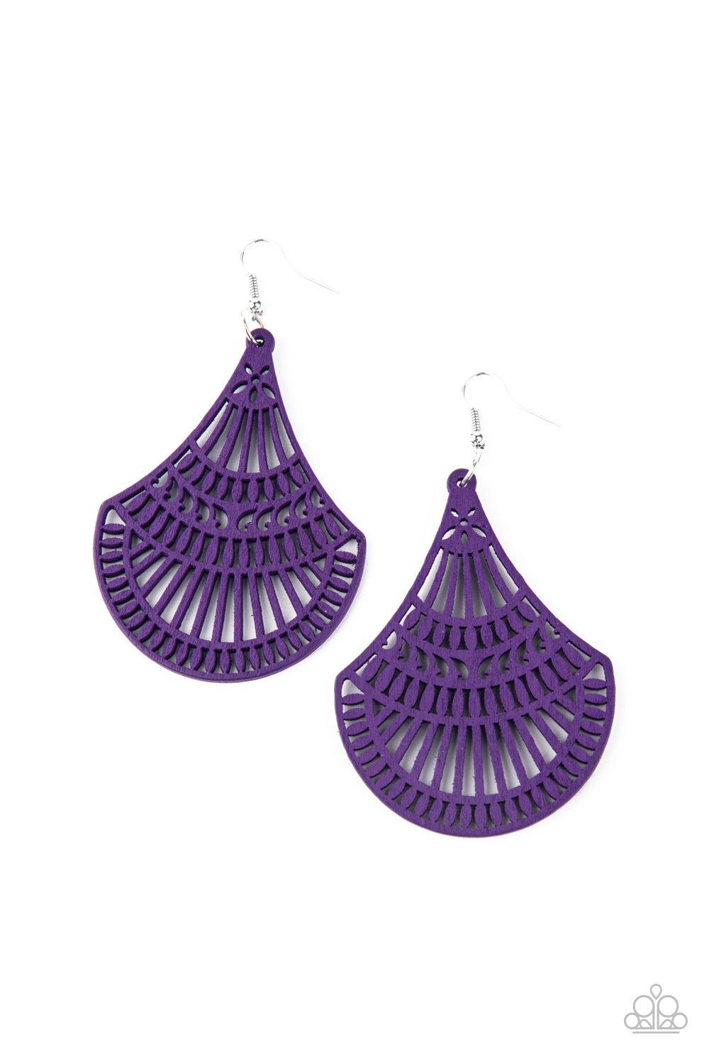 Paparazzi Accessories Tropical Tempest ~Purple Painted in a vivacious Magenta Purple finish, a wooden teardrop-like frame is cut into an airy stenciled pattern for a colorfully seasonal look. Earring attaches to a standard fishhook fitting. Sold as one pa