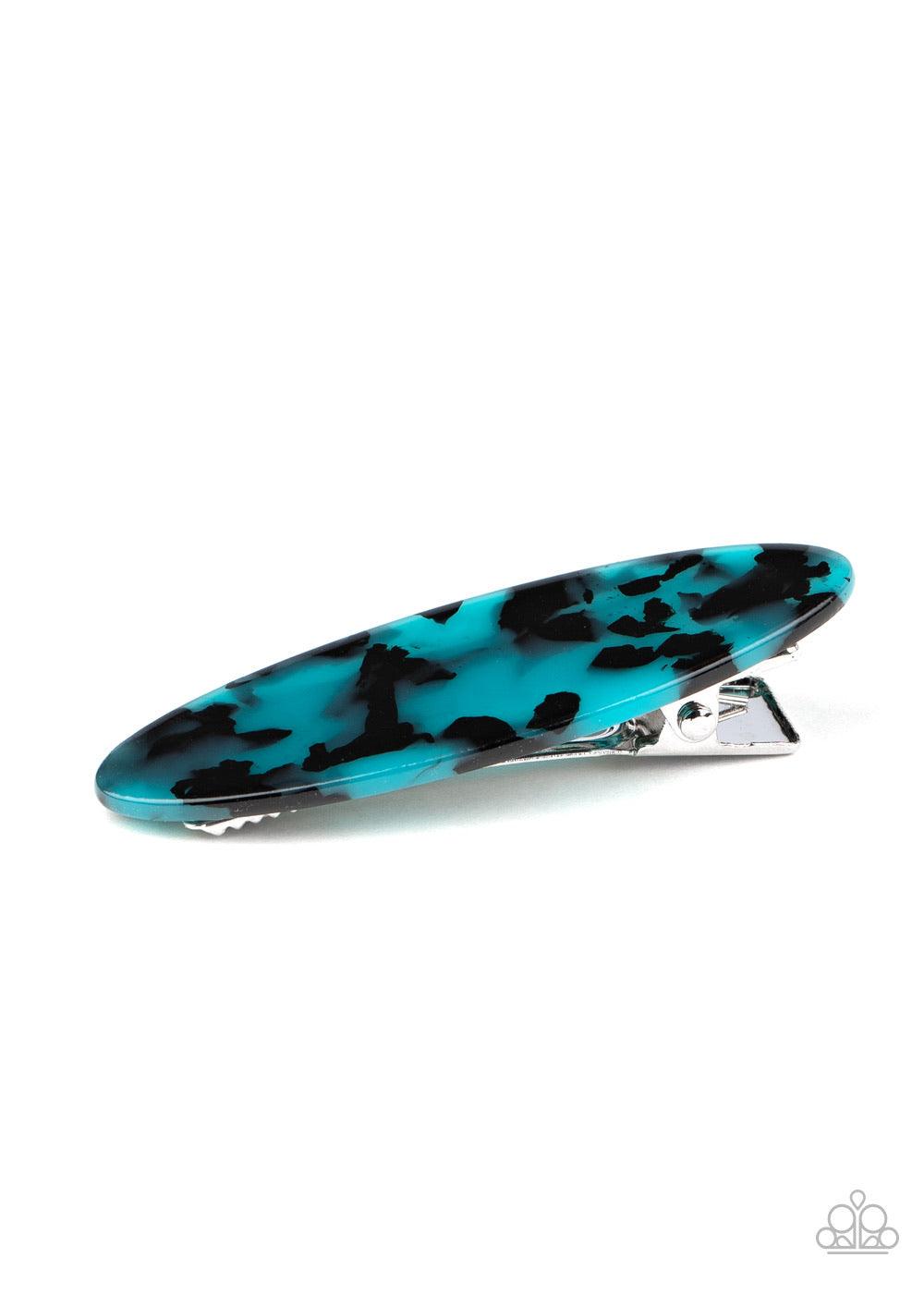 Paparazzi Accessories Hype Girl - Blue Featuring a blue and black tortoise shell finish, an oval acrylic frame pulls back the hair for a retro look. Features a standard hair clip on the back. Sold as one individual hair clip. Hair Accessories