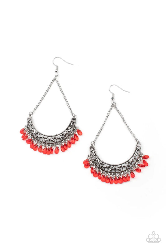 Paparazzi Accessories Orchard Odyssey - Red Suspended by two silver chains, a half moon silver frame filled with vine-like filigree gives way to a dainty fringe of glassy red teardrop beads for an enchanting fashion. Earring attaches to a standard fishhoo