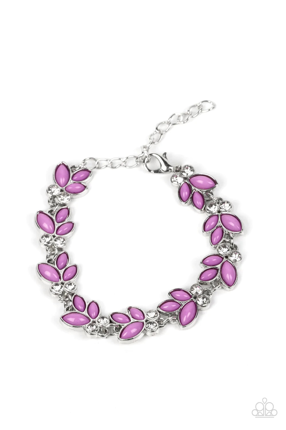 Paparazzi Accessories Vineyard Variety Trios of purple beads fan out from pairs of white rhinestones as they delicately link around the wrist, resulting in colorful leafy accents. Features an adjustable clasp closure. Sold as one individual bracelet.