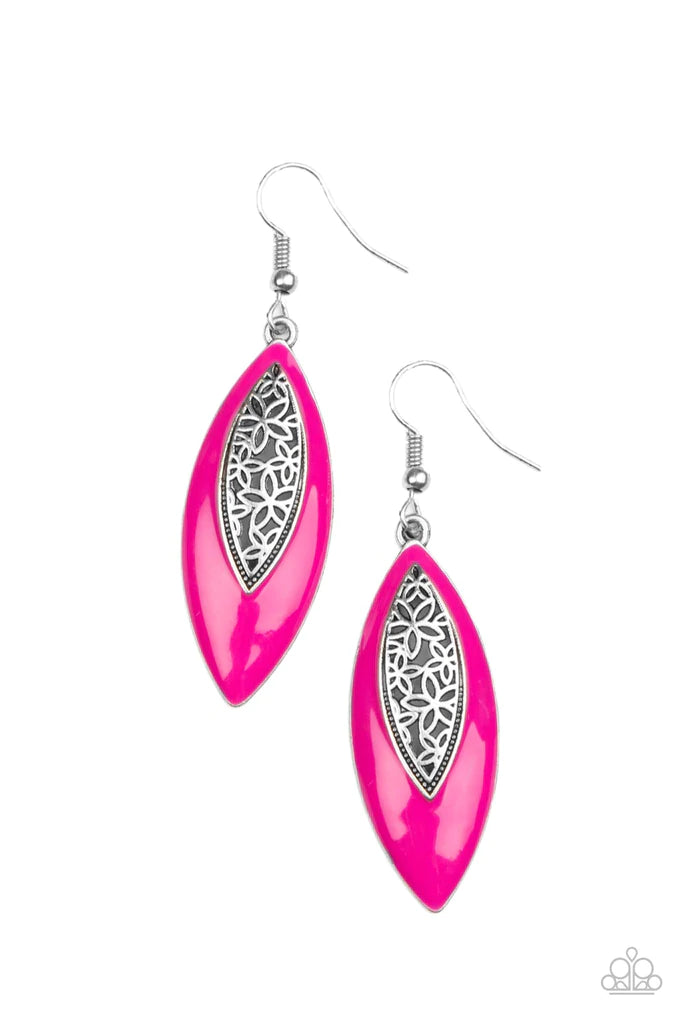 Paparazzi Accessories Venetian Vanity - Pink Asymmetrically bordered in a Fuchsia Fedora frame, airy silver filigree blooms along the center of a colorful lure for a seasonal flair. Earring attaches to a standard fishhook fitting. Sold as one pair of earr