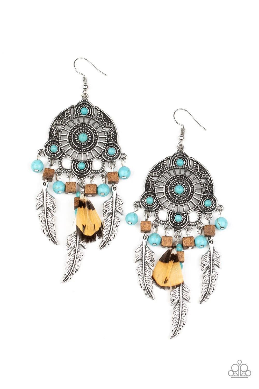 Paparazzi Accessories Desert Plains - Blue Radiating with studded patterns, a turquoise stone dotted silver frame gives way to a whimsical collection of silver feather charms, wooden cube beads, refreshing turquoise stones, and a brown feather, creating a