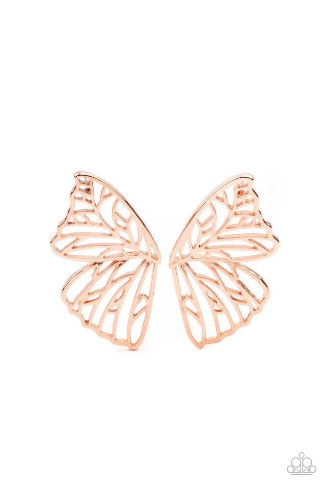 Paparazzi Accessories Butterfly Frills - Copper Shiny copper bars delicately climb scalloped shiny copper frames, coalescing into a whimsical butterfly wing. Earring attaches to a standard post fitting. Sold as one pair of post earrings. Jewelry