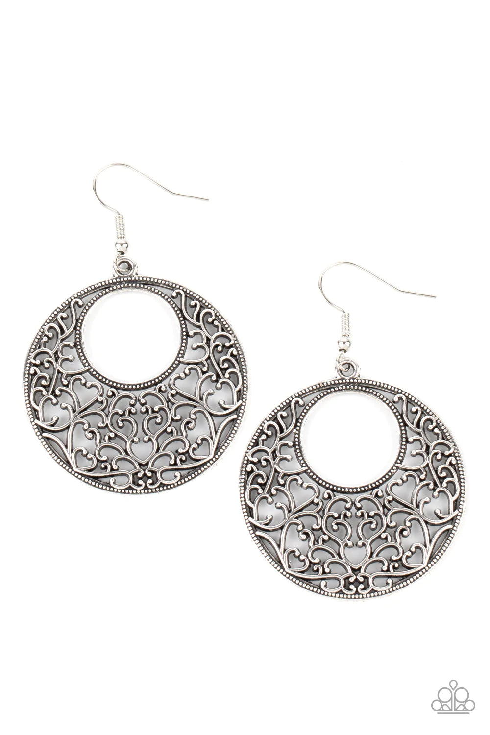 Paparazzi Accessories Vinegars Romance - Silver Brushed in an antiqued shimmer, vine-like filigree silver climbs the inside of a studded circular frame, creating a whimsical centerpiece. Earring attaches to a standard fishhook fitting. Sold as one pair of