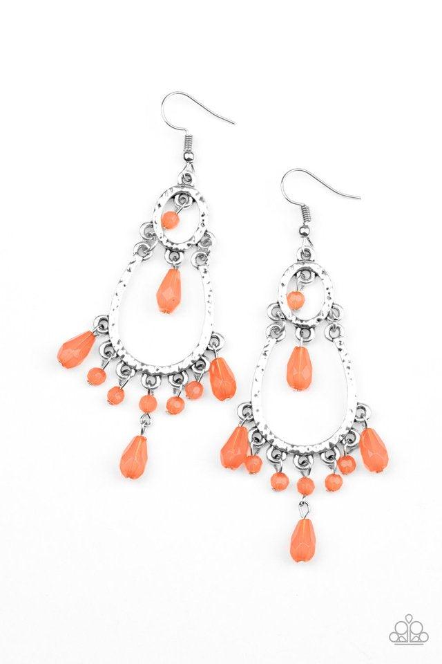 Paparazzi Accessories Summer Sorbet - Orange A collection of opaque coral crystal-like beads dangle from a stacked silver frame, creating a glistening fringe. Earring attaches to a standard fishhook fitting. Sold as one pair of earrings. Jewelry
