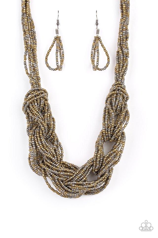 Paparazzi Accessories City Catwalk - Brass Brushed in a flashy finish, countless strands of brass and gunmetal seed beads weave into a bulky square braid below the collar for a glamorous look. Features an adjustable clasp closure. Jewelry
