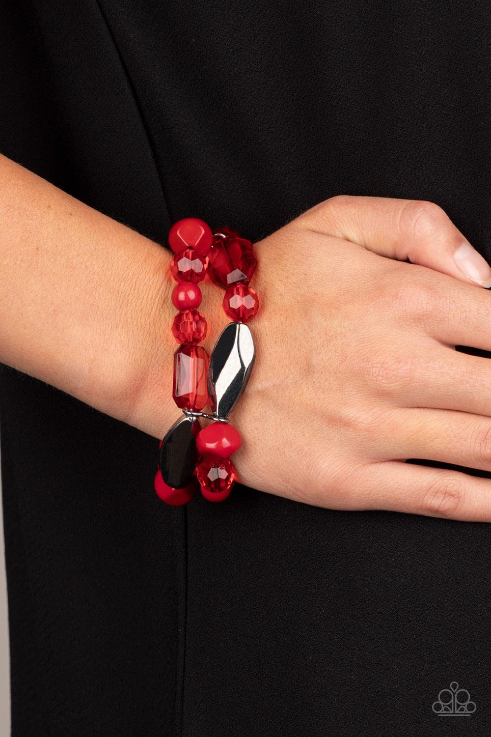 Paparazzi Accessories Rockin Rock Candy - Red Mismatched gunmetal, polished red, and crystal-like beads are threaded along interlocking stretchy bands for a whimsical look. Sold as one individual bracelet. Jewelry