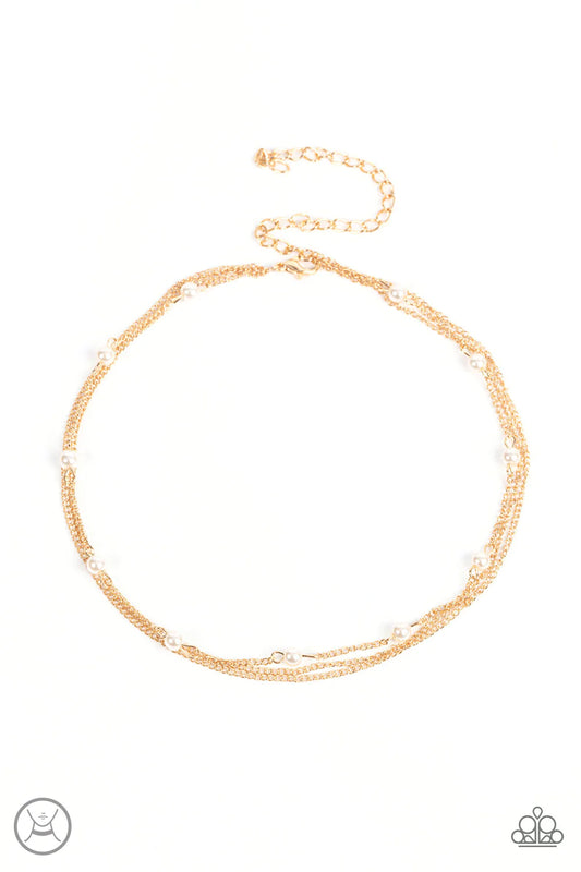 Paparazzi Accessories Daintily Dapper - Gold Infused with a single strand of white pearls, dainty gold chains layer around the neck for a timeless twist. Features an adjustable clasp closure. Sold as one individual choker necklace. Includes one pair of ma