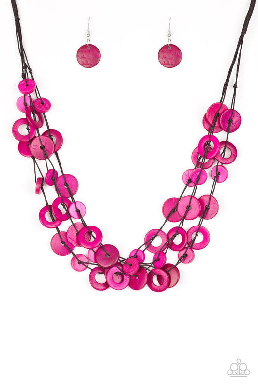 Paparazzi Accessories Wonderfully Walla Walla - Pink Shiny brown cording knots around mismatched pink wooden beads, creating vivacious layers. Features a button loop closure. Jewelry