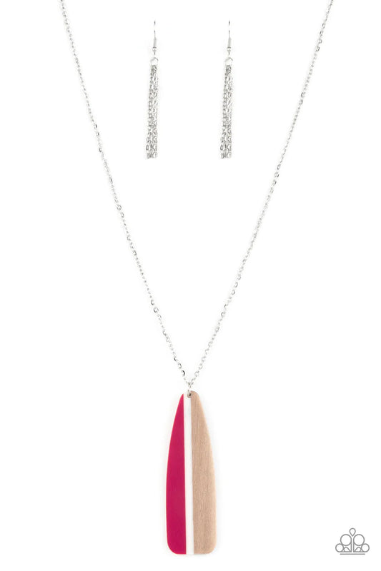 Paparazzi Accessories Grab a Paddle - Pink Featuring a classic linear design of pink, white, and natural wood, a whimsical paddle creates a splashing pendant at the bottom of a lengthened dainty silver chain. Features an adjustable clasp closure. Sold as