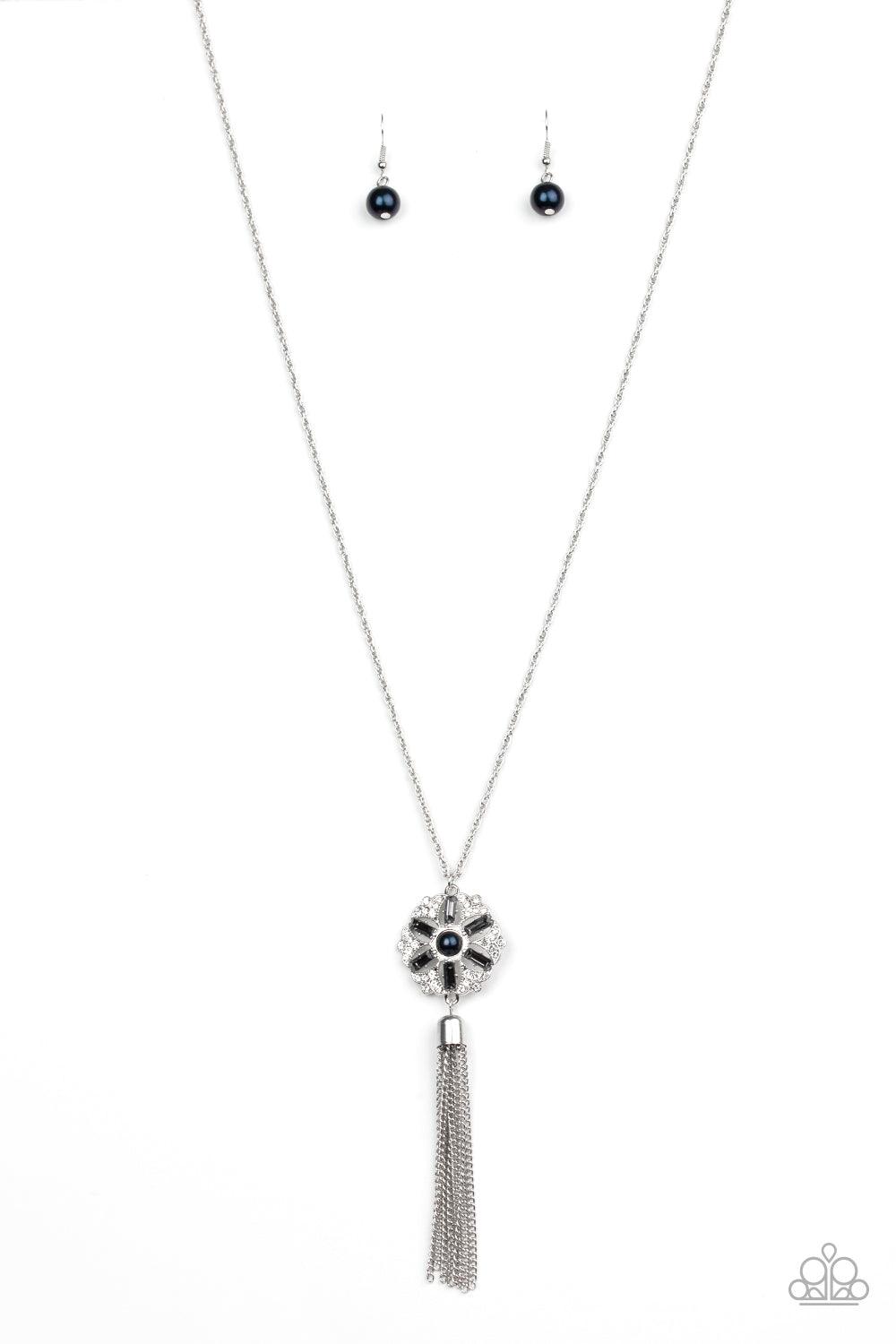 Paparazzi Accessories Fine Florals - Blue Dotted with a blue pearl center, a floral silver pendant radiating with glassy white and smoky rhinestones swings from the bottom of a lengthened silver chain. A shimmery silver tassel swings from the bottom of th
