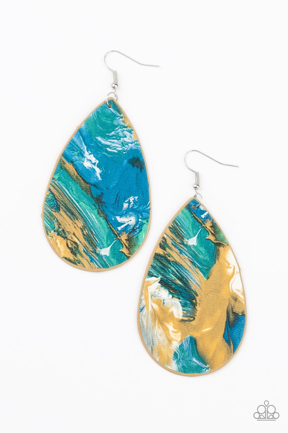 Paparazzi Accessories Mesmerizing Mosaic - Multi Featuring a mosaic of blue, brown, green, and white swirls, a pair of mismatched leathery teardrops swing from the ears for a seasonal flair. Earring attaches to a standard fishhook fitting. Jewelry