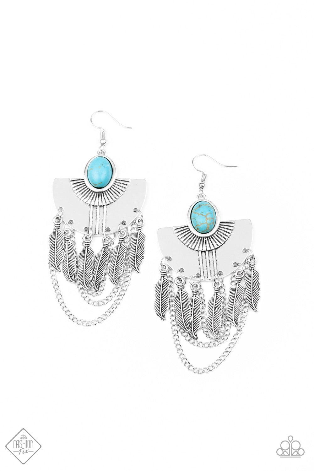 Paparazzi Accessories Sure Thing, Chief! - Blue A fringe of antiqued silver feathers and shimmery silver chains swings from the bottom of a fanning silver frame dotted with a smooth turquoise stone for an earthy finish. Earring attaches to a standard fish