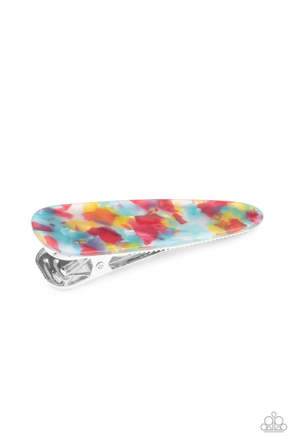 Paparazzi Accessories HAIR I Am! - Multi .Speckled in iridescent accents, a thick acrylic frame clips back the hair for a colorfully retro look. Features a standard hair clip on the back. Color may vary. Sold as one individual hair clip Hair Accessories