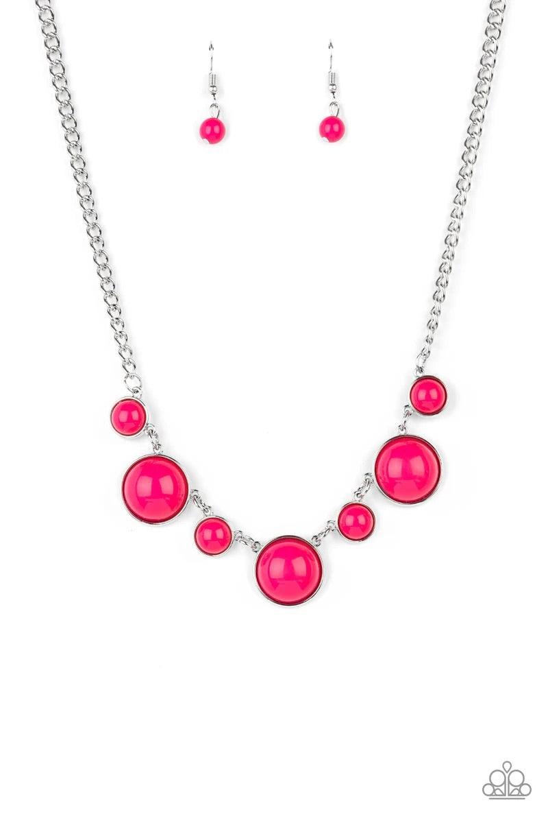 Paparazzi Accessories Prismatically POP-tastic - Pink A bubbly collection of round Raspberry Sorbet beads are pressed into sleek silver fittings as they connect beneath the collar, creating a powerful pop of color. Features an adjustable clasp closure. So