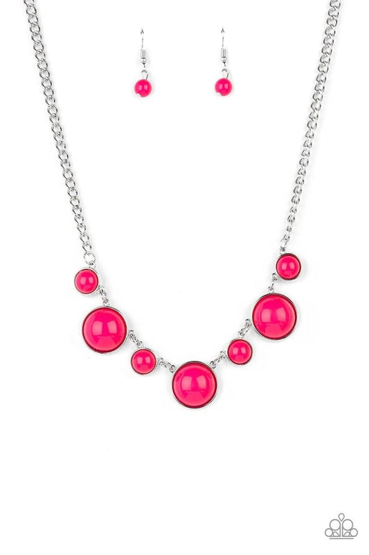 Paparazzi Accessories Prismatically POP-tastic - Pink A bubbly collection of round Raspberry Sorbet beads are pressed into sleek silver fittings as they connect beneath the collar, creating a powerful pop of color. Features an adjustable clasp closure. So