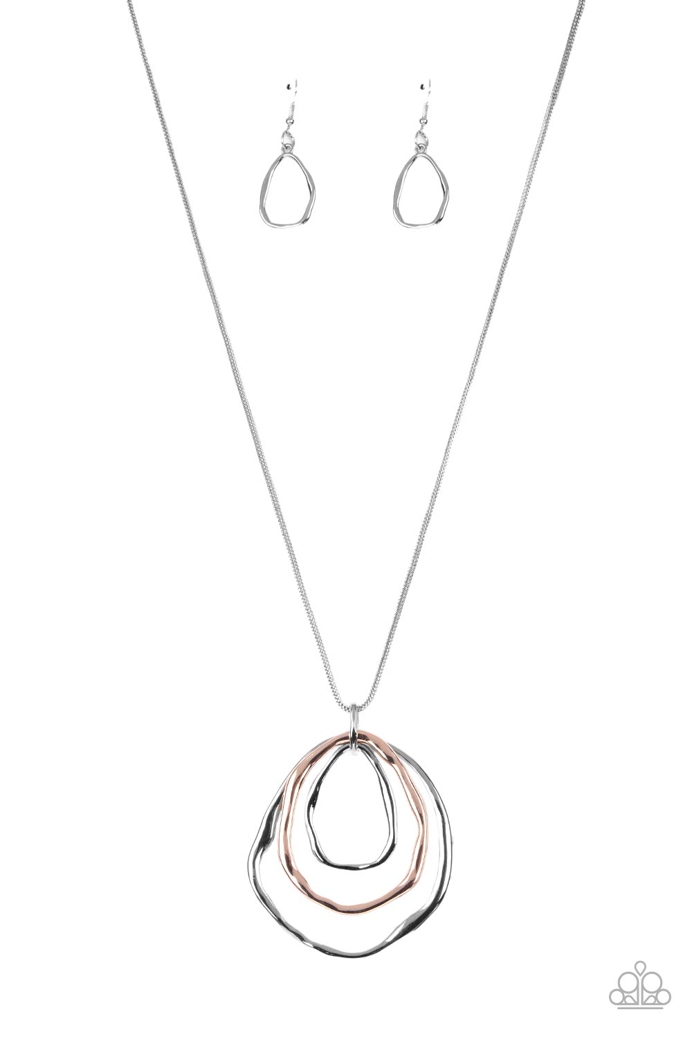 Paparazzi Accessories Revamped Relic - Silver A trio of mismatched warped rose gold and silver rings swing from the bottom of a glistening silver chain, creating an asymmetrically stacked pendant. Features an adjustable clasp closure. Necklaces