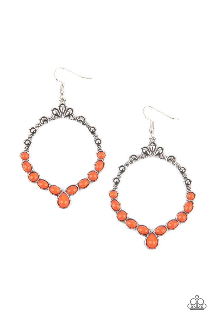 Paparazzi Accessories Thai Treasures - Orange Ornate floral motifs decorate the top half of an airy circular silver frame. A row of dewy orange oval and round beads creates a border along the lower half of the frame, culminating in a single teardrop accen