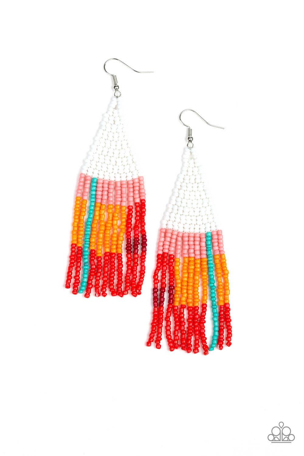 Paparazzi Accessories Beaded Boho - White Featuring white, pink, blue, orange, and red seed beads, dainty beaded tassels swing from a beaded triangular frame for a colorful tribal look. Earring attaches to a standard fishhook fitting. Jewelry