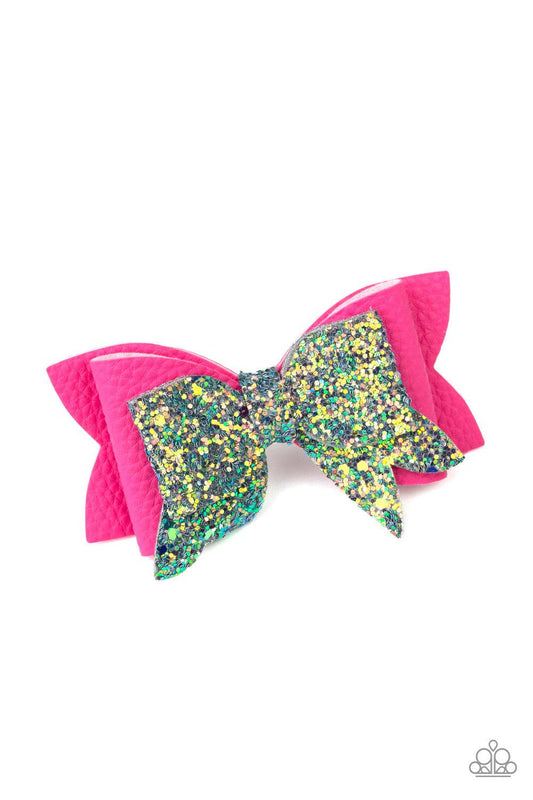 Paparazzi Accessories Sugary Sequins - Pink Dusted in glittery sequins, a sparkling bow stacks atop a textured pink leather bow for a flirtatious fashion. Features a standard hair clip on the back. Hair Accessories