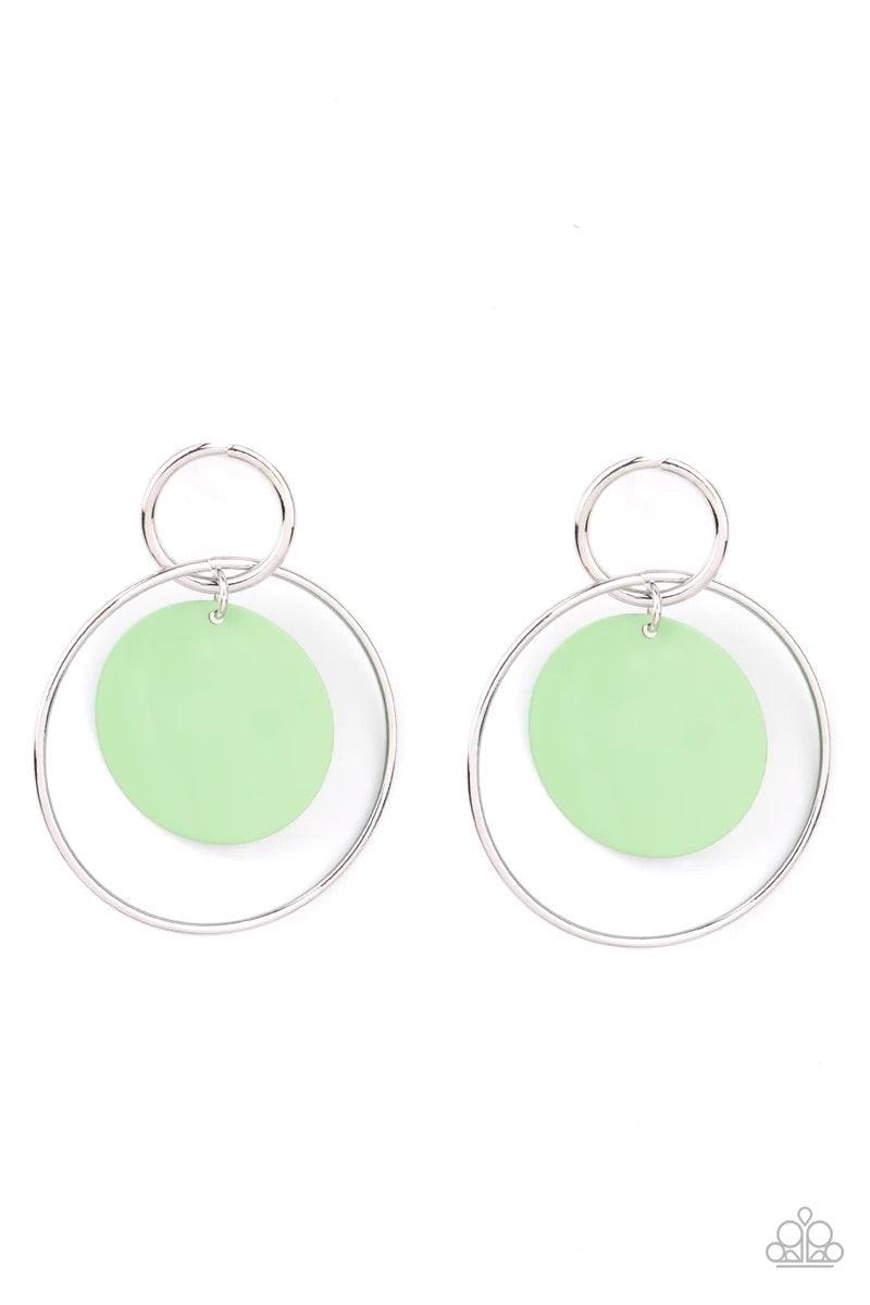 Paparazzi Accessories POP, Look. And Listen - Green A minty Green Ash disc swings from two interlocking silver hoops, creating a flirtatious pop of color. Earring attaches to a standard post fitting. Sold as one pair of post earrings. Jewelry
