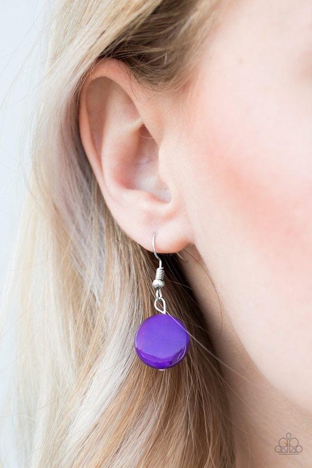 Paparazzi Accessories Coastal Adventure - Purple Brushed in a shell-like iridescence, shiny purple beading swings from the bottom of bold silver hoops, creating a colorful fringe below the collar. Features an adjustable clasp closure. Jewelry
