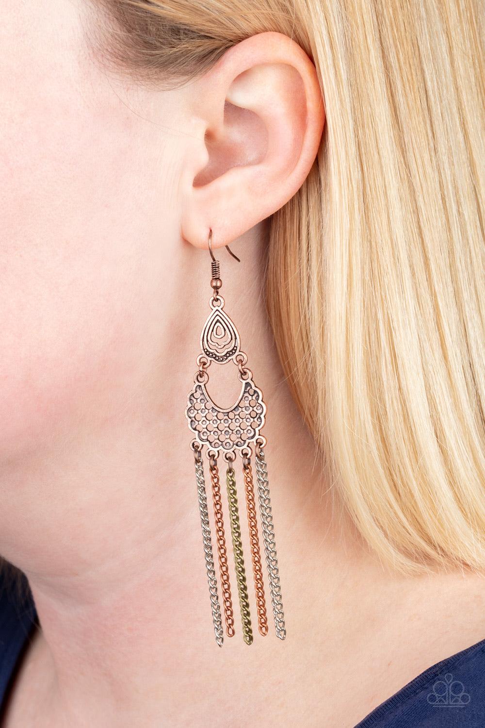 Paparazzi Accessories Insane Chain - Multi Pairs of shimmery brass, copper, and silver chains cascade from the bottom of a stacked copper lure featuring airy filigree. Earring attaches to a standard fishhook fitting. Jewelry