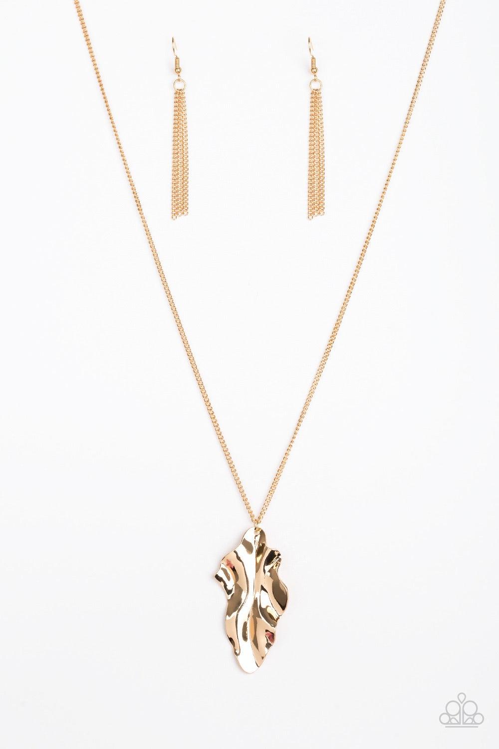Paparazzi Accessories Fiercely Fall - Gold An elongated gold chain gives way to a rippling gold leaf-like pendant for a seasonal look. Features an adjustable clasp closure. Jewelry