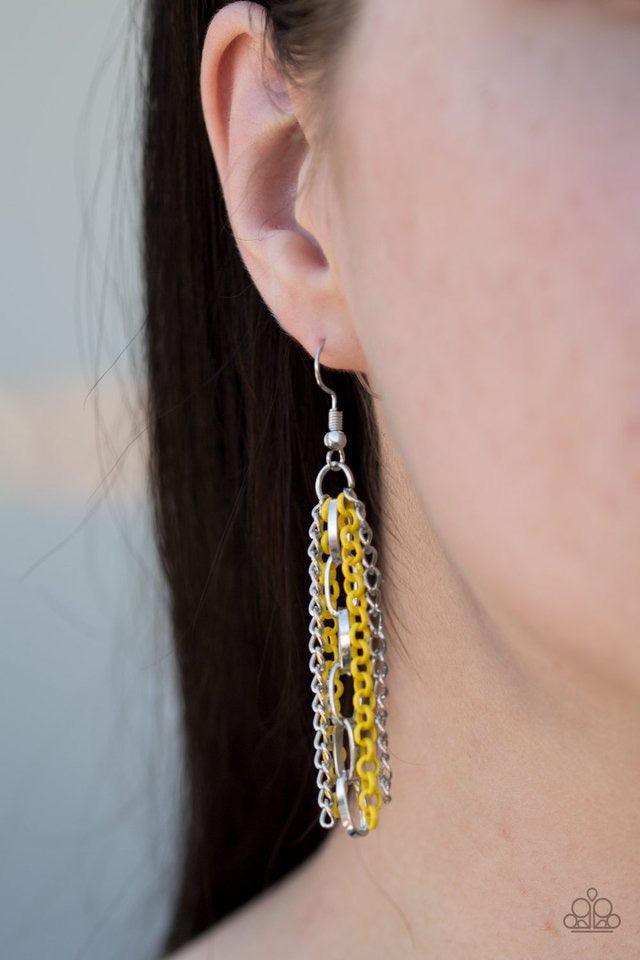 Paparazzi Accessories Right on Key - Yellow Layers of yellow and silver chain fall together to create the illusion of five separate necklaces. Each silver chain is adorned with a small silver charm, including a heart and a key. Features an adjustable clas