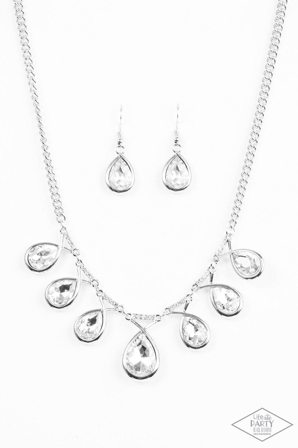 Paparazzi Accessories Love At FIERCE Sight - White Suspended by glittery links, large teardrop gems drip below the collar, creating a dramatic fringe. Swooping silver bars spin around the faceted teardrops, adding a shiny metallic finish to the fierce cen