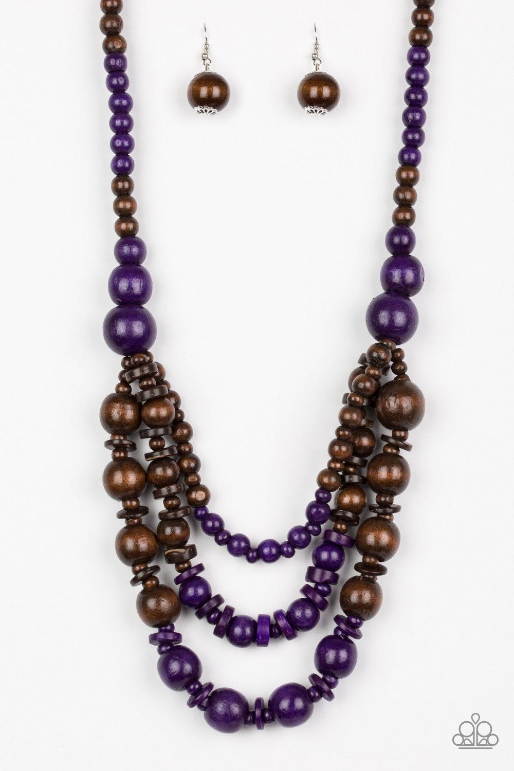 Paparazzi Accessories Rio Rainbows - Purple Brushed in playful purple and earthy brown finishes, vivacious wooden beads and discs are threaded along strands of shiny brown cording for a summery look. Jewelry