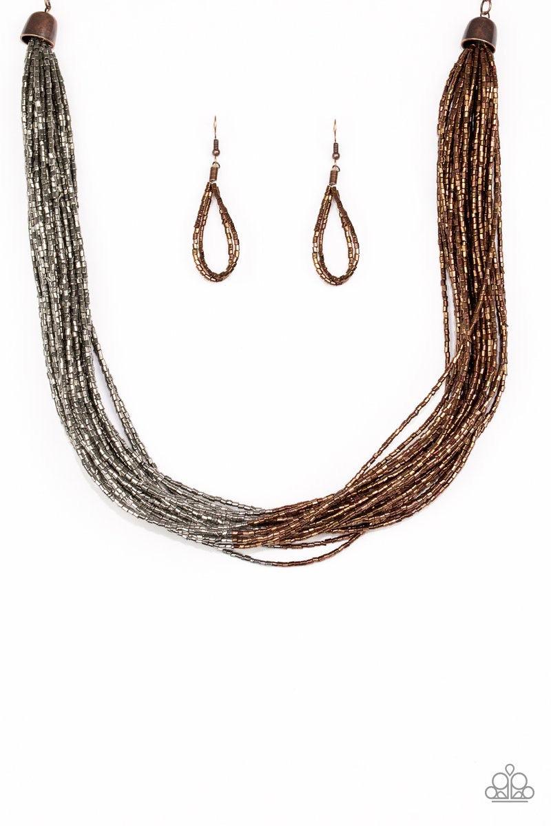 Paparazzi Accessories Flashy Fashion - Copper Brushed in a flashy metallic finish, countless strands of copper seed beads converge with strands of gunmetal seed beads, creating colorful layers below the collar. Features an adjustable clasp closure. Sold a