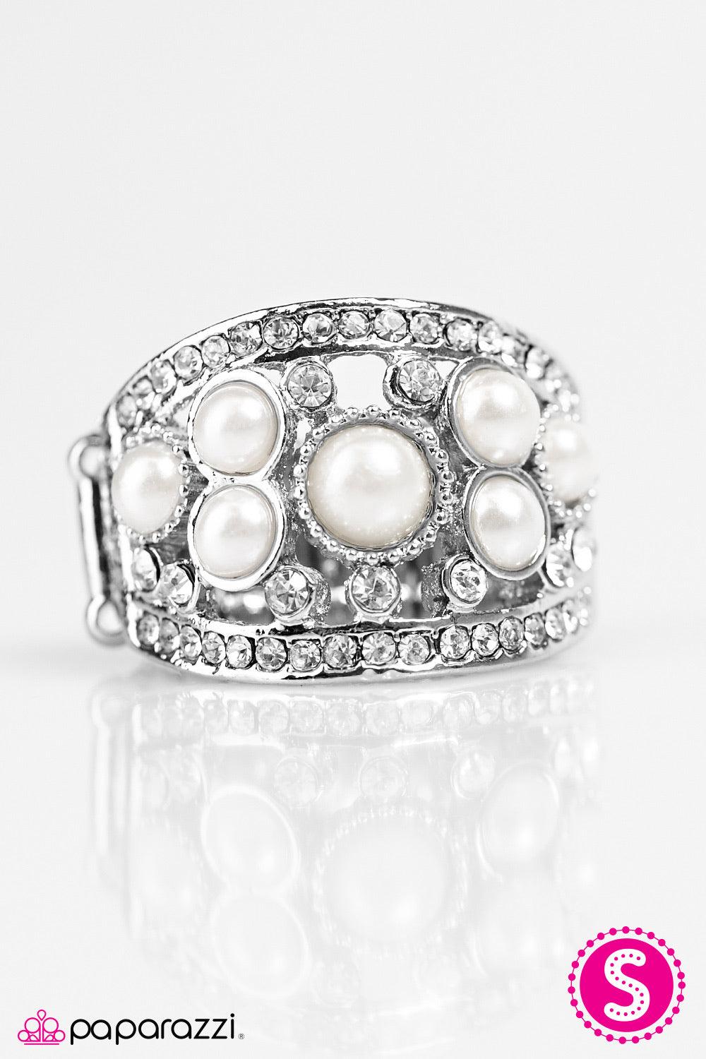 Paparazzi Accessories Hello, Sailor - White Pearly white beading and dainty white rhinestones are sprinkled across the finger, coalescing into a refined frame. Additional white rhinestones are encrusted along the outer edges of the frame, creating an unde