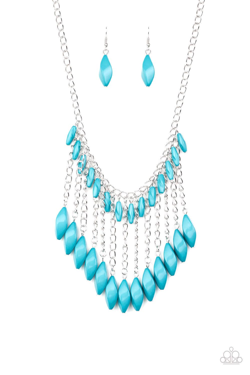Paparazzi Accessories Venturous Vibes - Blue A row of faceted blue beads swing from the bottom of a shimmery silver chain below the collar. Larger blue beads cascade from the bottoms of free-falling silver chains, creating a vivacious fringe. Features an