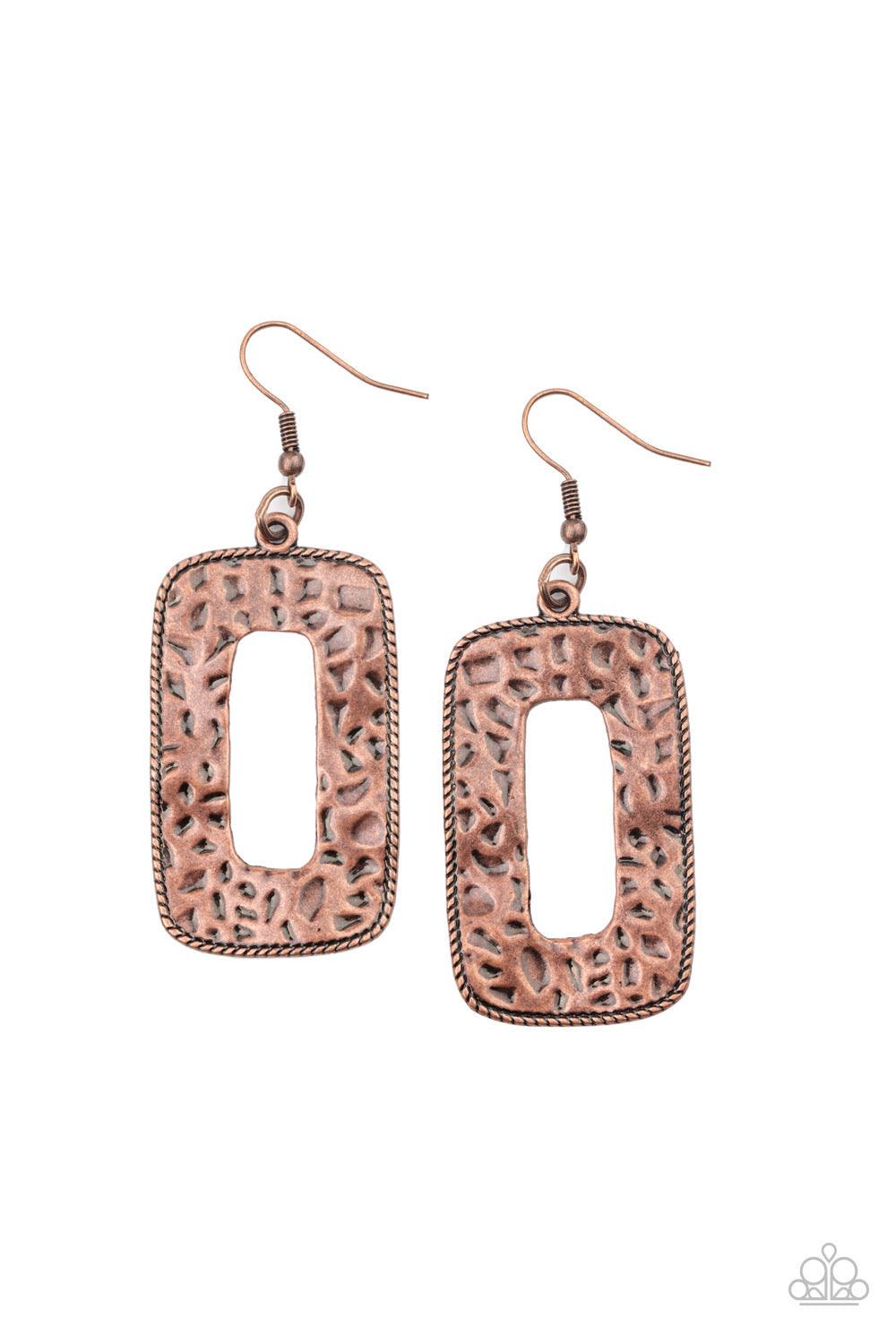 Paparazzi Accessories Primal Elements - Copper Bordered in metallic rope-like details, a copper rectangular frame has been hammered in antiqued textures for a rustically radiant look. Earring attaches to a standard fishhook fitting. Sold as one pair of ea
