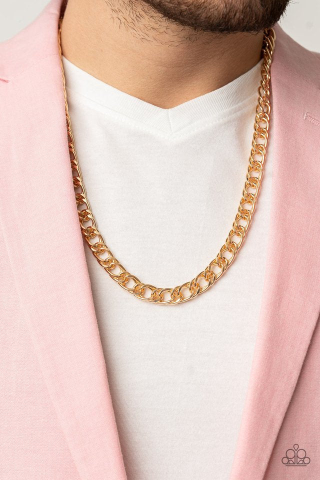 Paparazzi Accessories Ground Game - Gold This chain features an adjustable clasp closure, and oversized oval links that drape below the collar for a bold industrial look. The gold chain drapes beautifully down the back making this necklace perfect for eve
