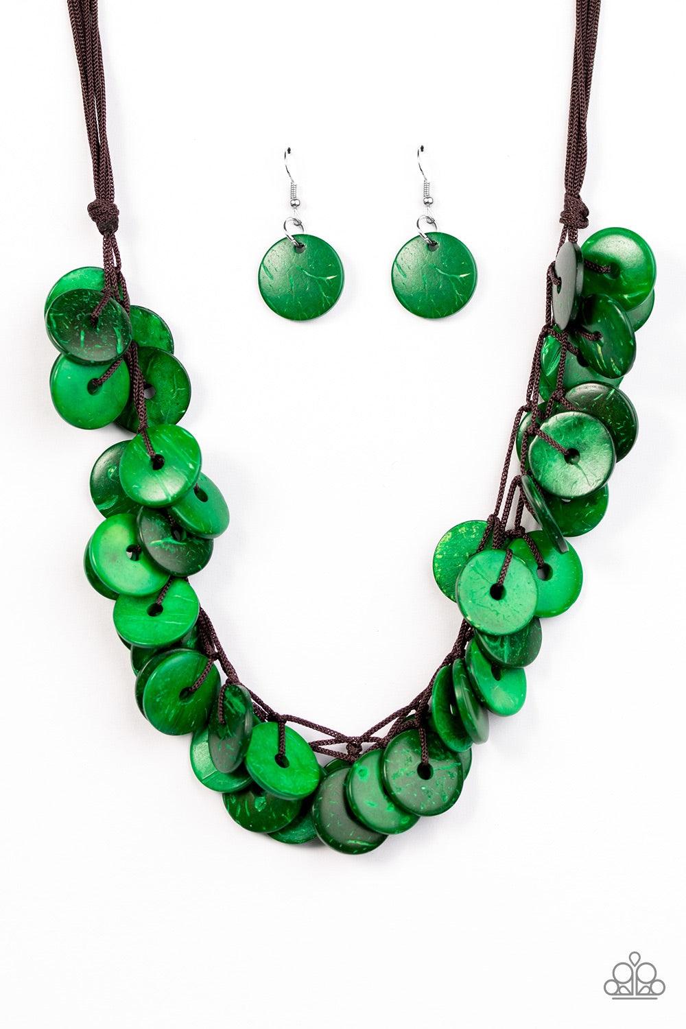 Paparazzi Accessories Jammin In Jamaica - Green Shiny wooden discs brushed in a refreshing green finish trickle along shiny brown cording, creating clustered layers below the collar. Features a button-loop closure. Jewelry