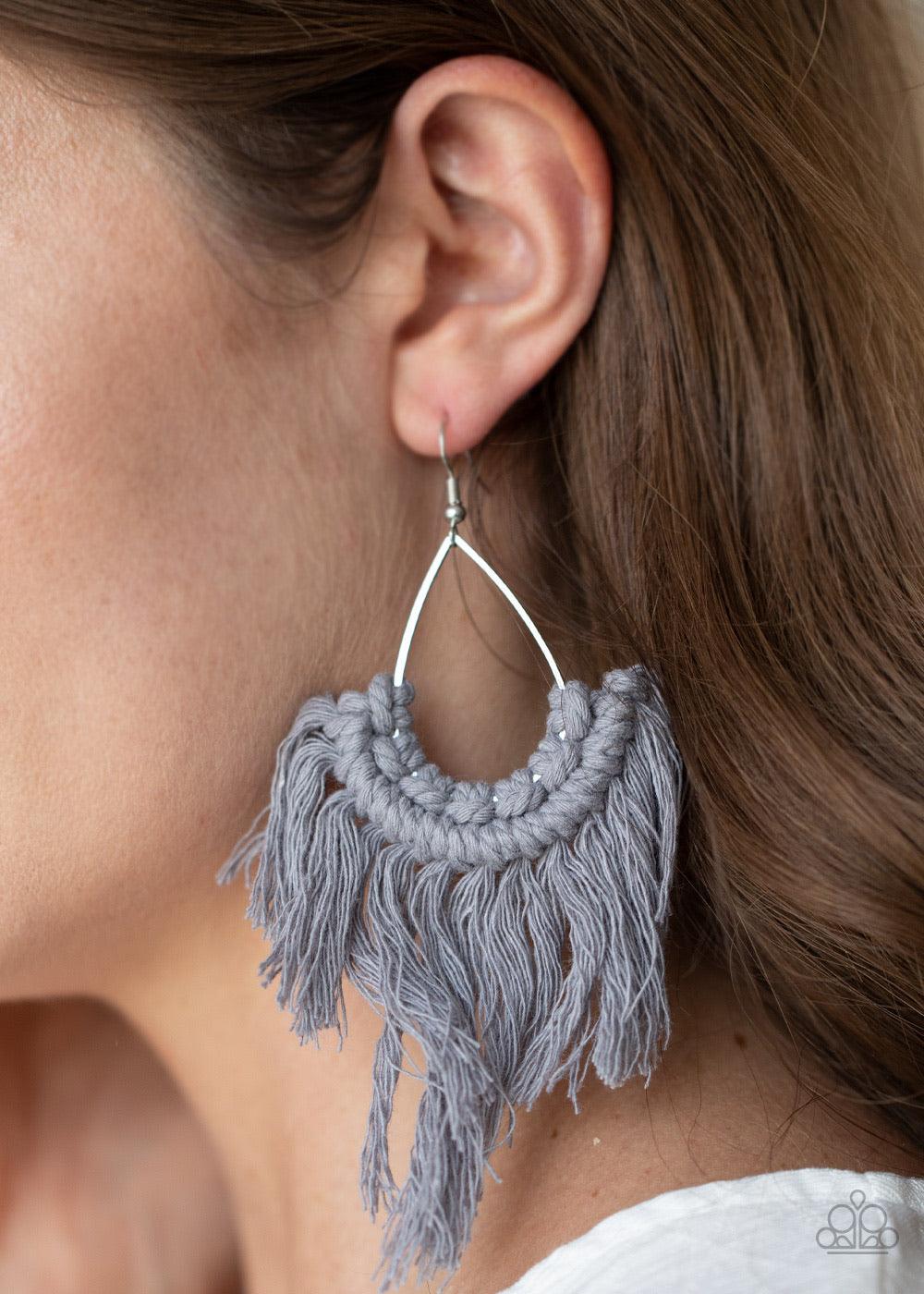 Paparazzi Accessories Wanna Piece of Macrame - Silver Tassels of Sleet thread decoratively knot at the bottom of a shiny silver teardrop, creating an earthy fringe. Earring attaches to a standard fishhook fitting. Sold as one pair of earrings. Jewelry