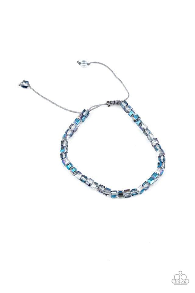 Paparazzi Accessories Prismatic Maverick - Blue Flecked in oil spill accents, square crystal-like beads are threaded along a gray cord around the wrist for a prismatic look. Features an adjustable sliding knot closure. Sold as one individual bracelet. Jew