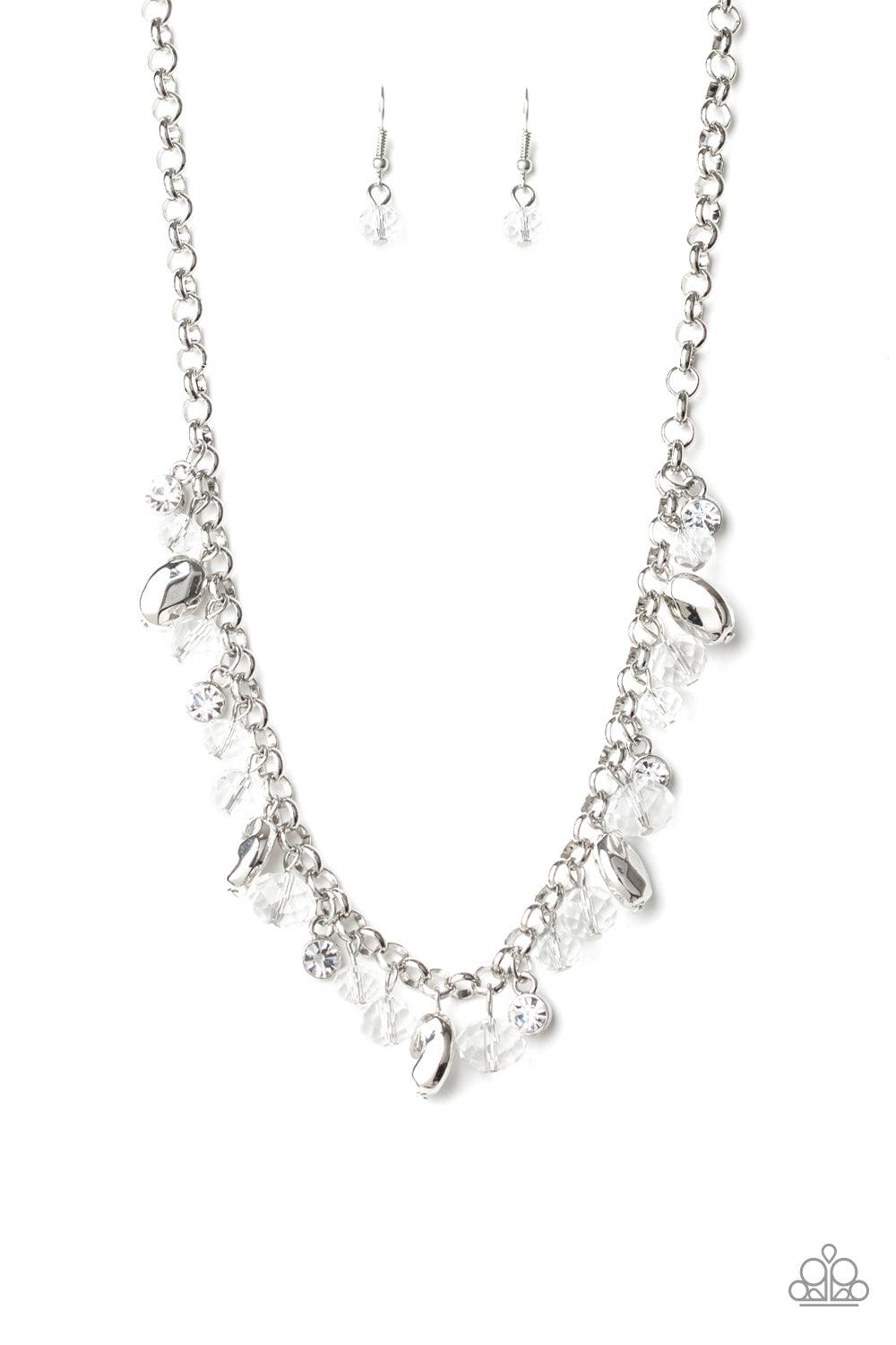 Paparazzi Accessories Downstage Dazzle - White A glittery collection of sparking white rhinestones, faceted silver beads, and glassy crystal-like beads dangle from a shimmery silver chain, creating a refined fringe below the collar. Features an adjustable